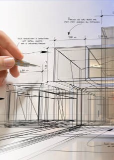 Hand drafting a modern white villa with a pool